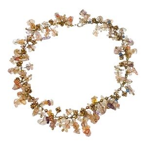 Clusters of Rose Quartz & Glass Beads on Goldtone Wire Necklace